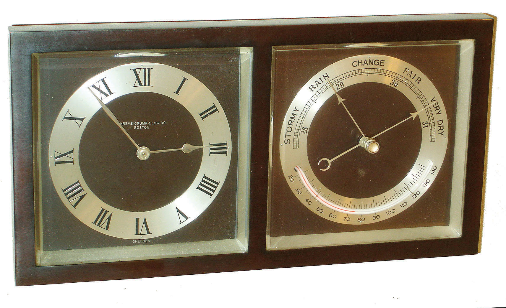 Chelsea Clock Co., Boston, for Shreve, Crump & Low, Boston, "Erickson" model 8 day time only, clock and barometer/thermometer easel desk set in bronze and beveled glass case, #256044, 1939 — Antique Clocks Price Guide