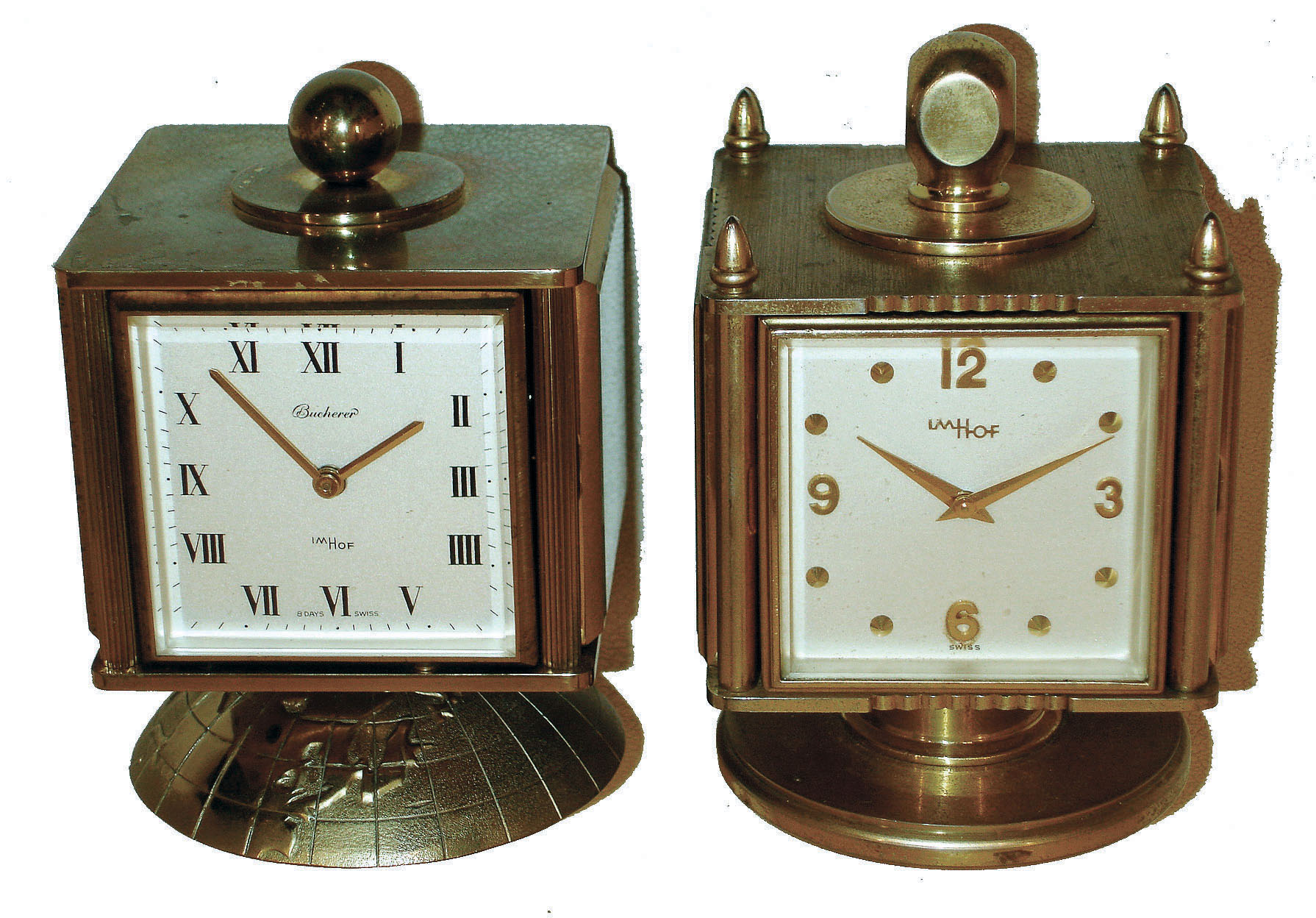 Clocks- 2 (Two): Imhof, Swiss-made in swiveling brass cases, 8 day timepieces with thermometers, barometers and hygrometers, c1960 — Antique Clocks Price Guide
