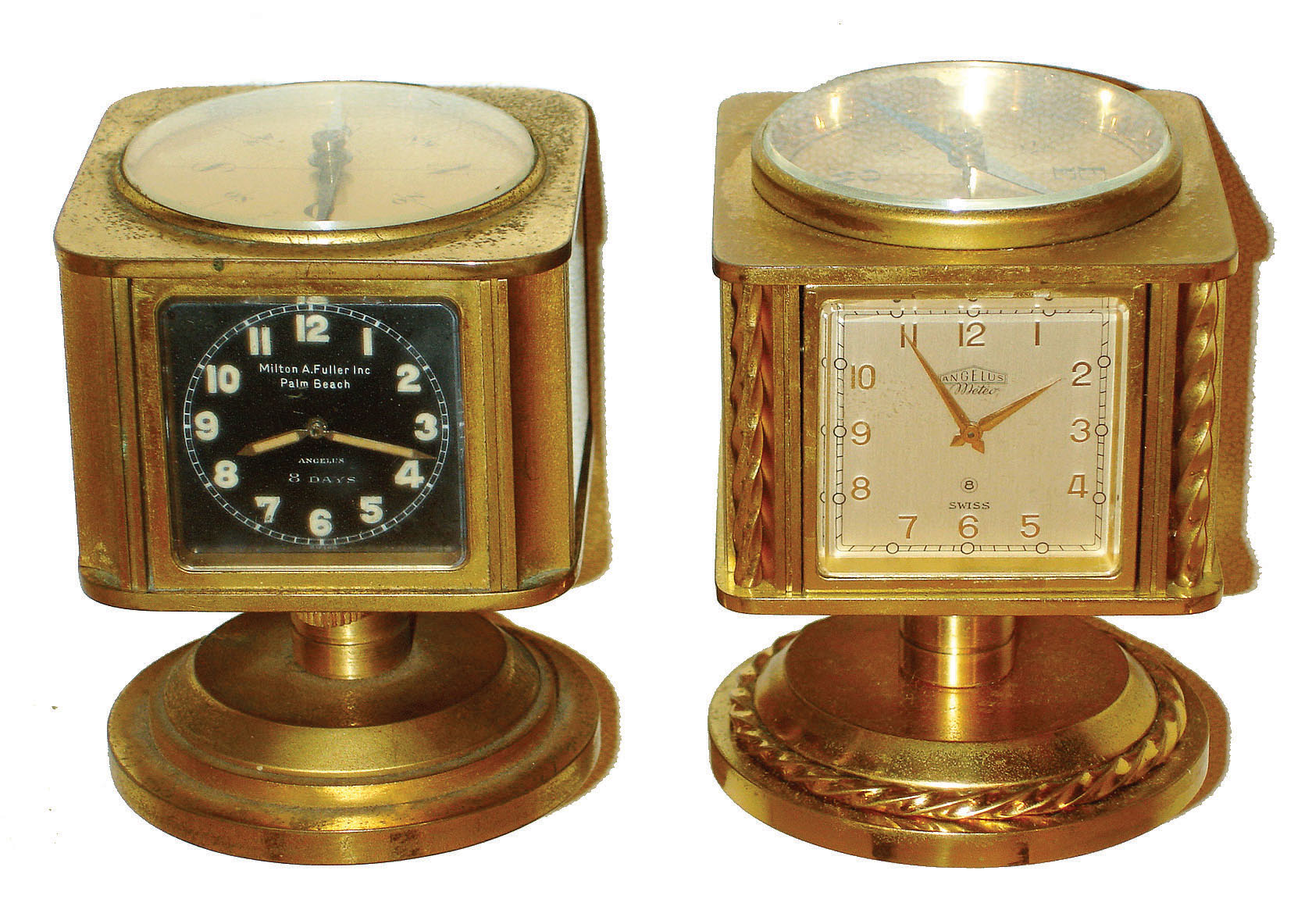 Clocks- 2 (Two): Angelus, Swiss-made in brass swiveling cases. Both 8 day timepiece 5-dial units with top compass, barometer, Celsius & Fahrenheit thermometer and hygrometer. One with black dials retailed by "Milton A. Fuller, Inc., Palm Beach"; the silvered clock's dial marked "Meteo"; c1960 — Antique Clocks Price Guide