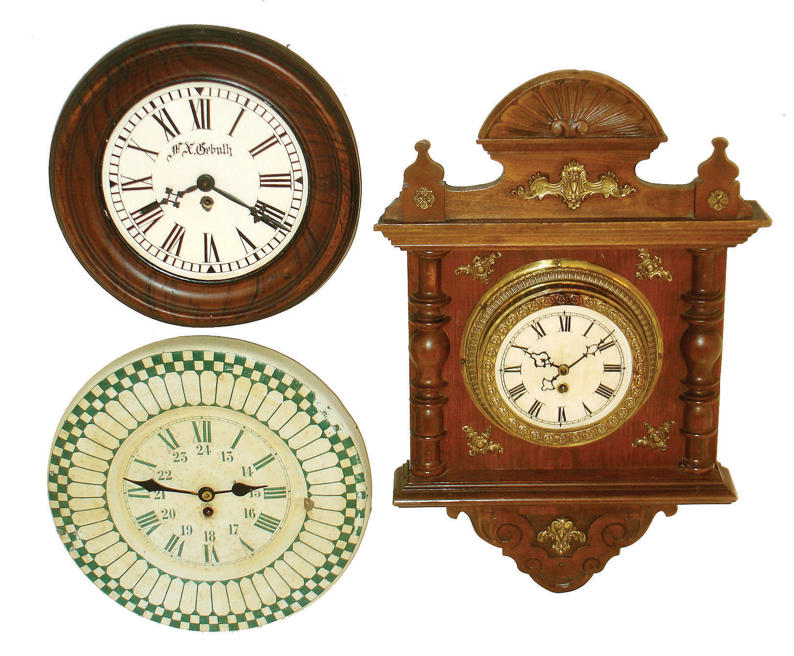 Clocks- 3 (Three) French-made 8 day time only, wall clocks with tic-tac movements two by Japy, two have painted metal cases, one with stained wood case with metal decorations, early 20th century. — Antique Clocks Price Guide
