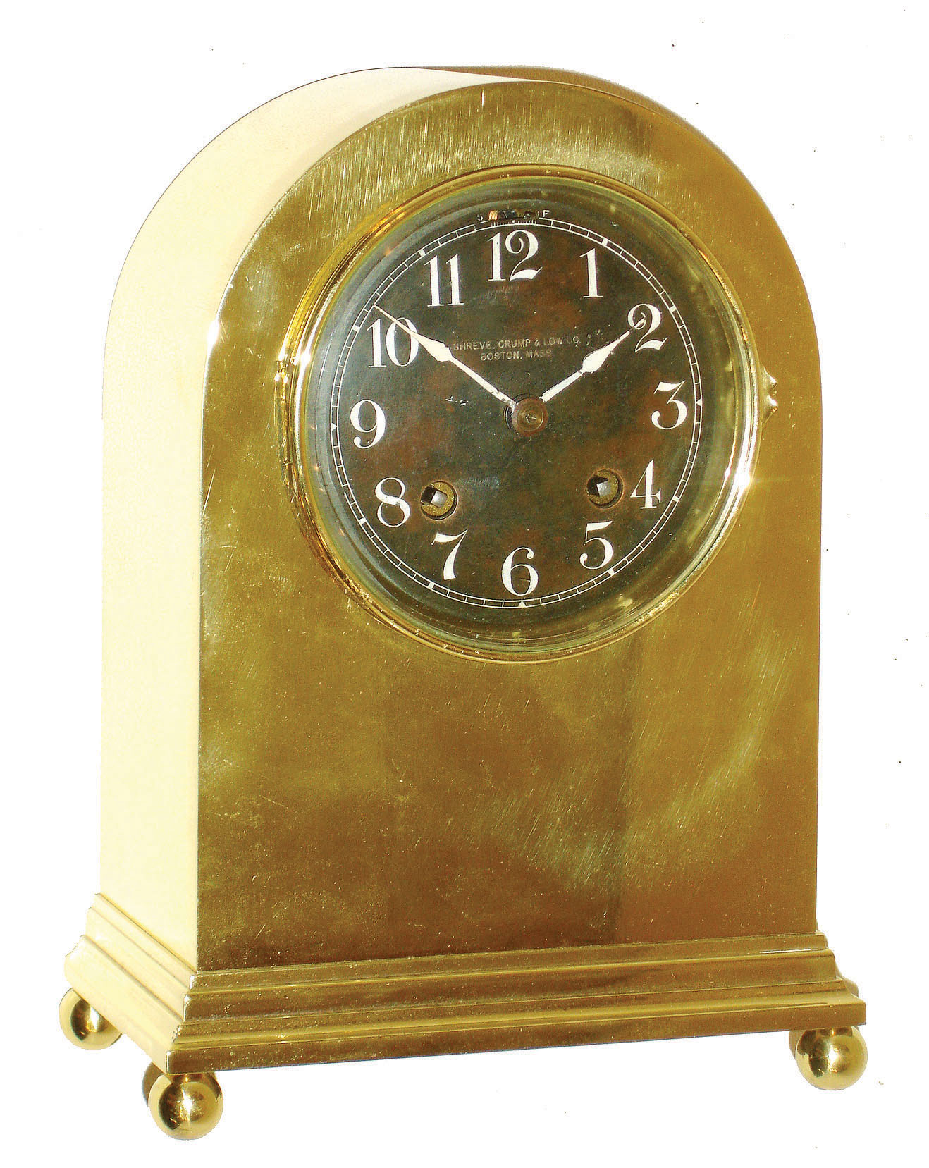 Chelsea Clock Co., Boston, for Shreve, Crump & Low, Boston, "Doric" model 8 day house strike mantel clock in brass round top case and black dial, #20524, 1909 — Antique Clocks Price Guide