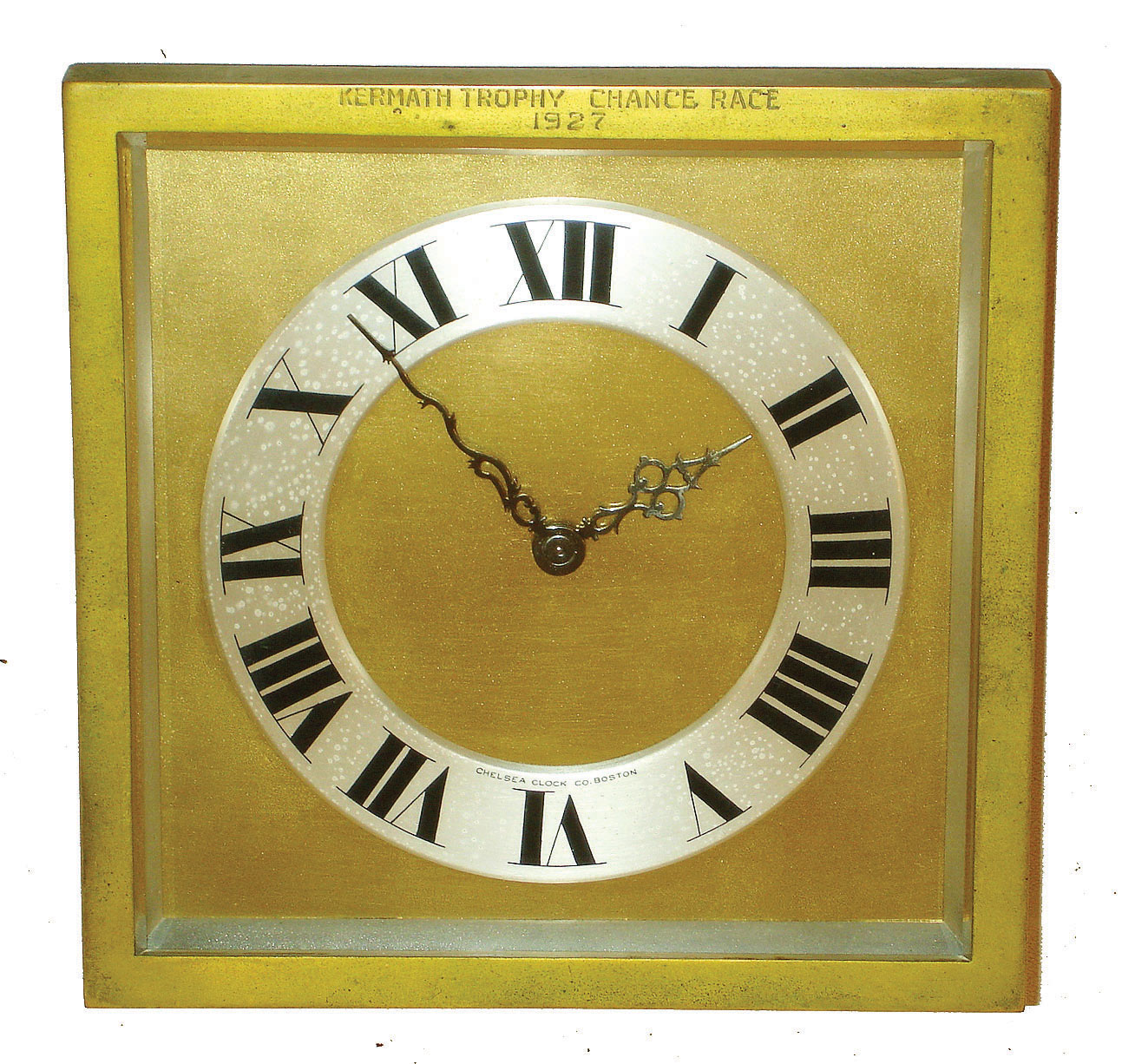 Chelsea Clock Co., Boston, "Raleigh" model 8" time only, easel desk clock in brass and beveled glass case, engraved dedication, #180260, 1927 — Antique Clocks Price Guide
