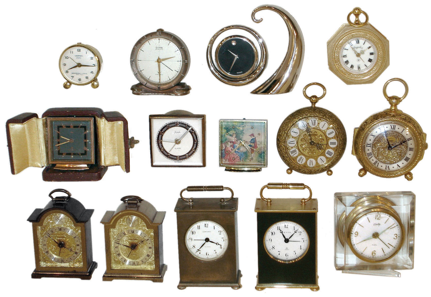 Clocks- 14 (Fourteen) mostly Swiss 8 day: 4 Imhof; Bradley; Angelus; Koch; Cyma; Movado (Japan movement on stand); Looping (for Abercrombie & Fitch); Lexon; Cortland; Swiza Sheffield; 13 with alarm; later 20th century. — Antique Clocks Price Guide