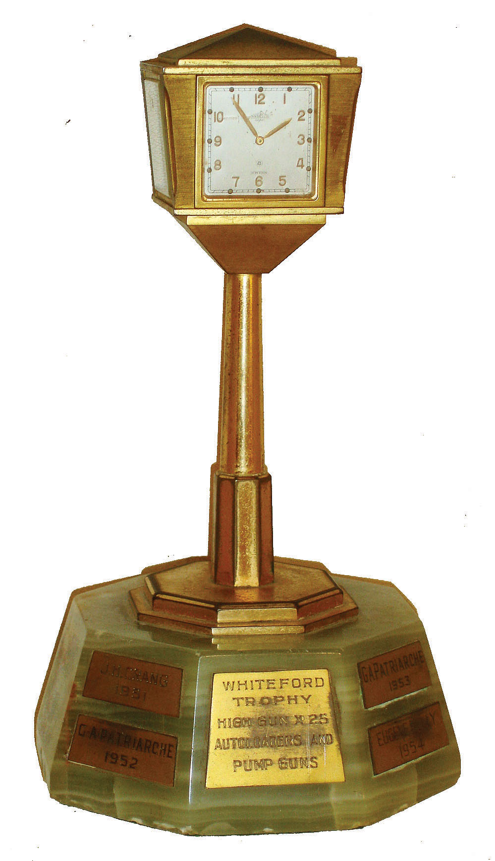 Angelus, Swiss-made weather station, 8 days, timepiece, lamppost design brass and marble case with Celsius thermometer, barometer and hygrometer, c1957 (latest presentation date). — Antique Clocks Price Guide