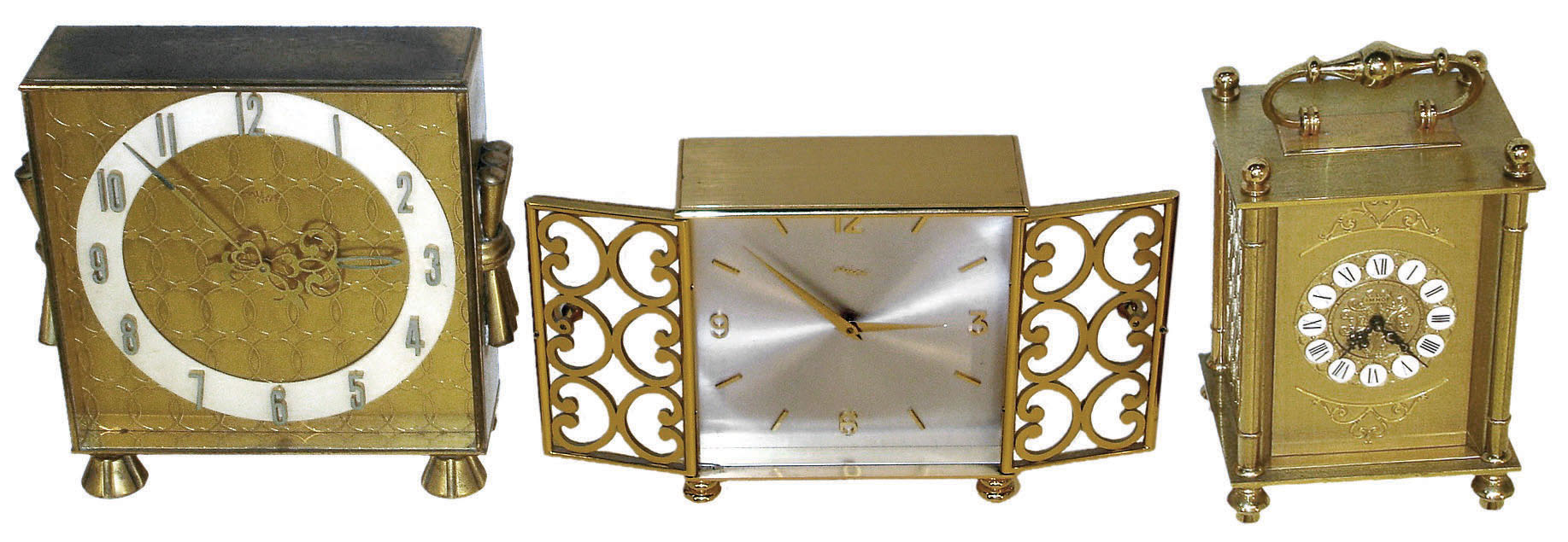 Clocks- 3 (Three) Imhof, Swiss-made 8 day brass case desk clocks: one time and strike, two time only; c1965 — Antique Clocks Price Guide