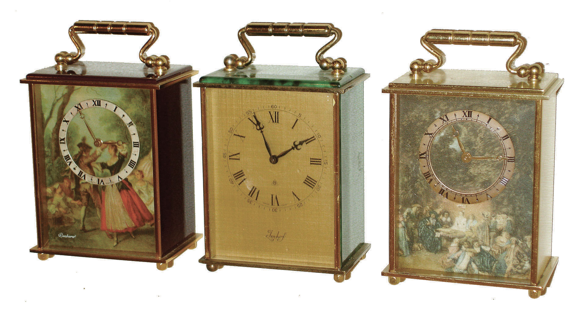 Clocks- 3 (Three) Imhof, Swiss-made, 8 day time only, brass & glass carriage clocks, c1966 — Antique Clocks Price Guide
