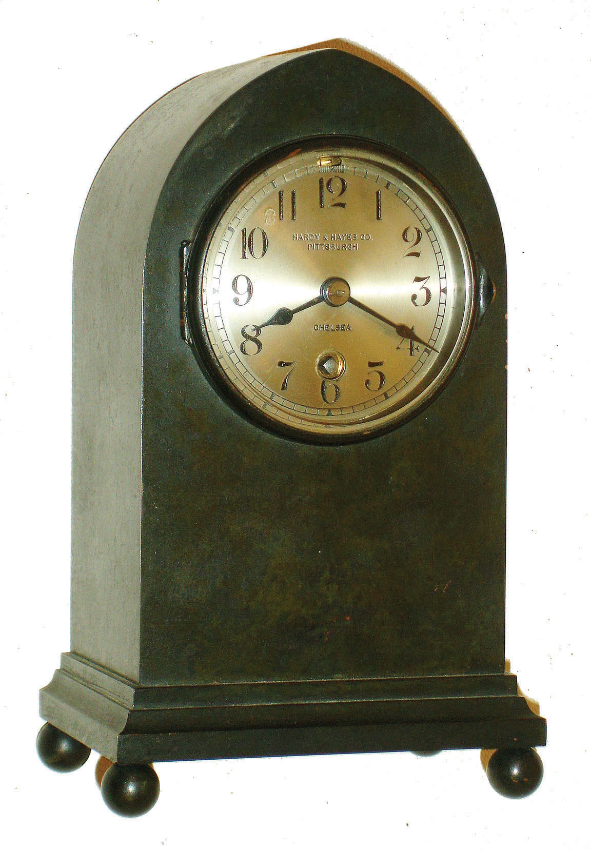 Chelsea Clock Co., Boston, for Hardy & Hayes, Pittsburgh, "Gothic" model 8 day time only, desk clock in bronze case, #60742, c1910 — Antique Clocks Price Guide