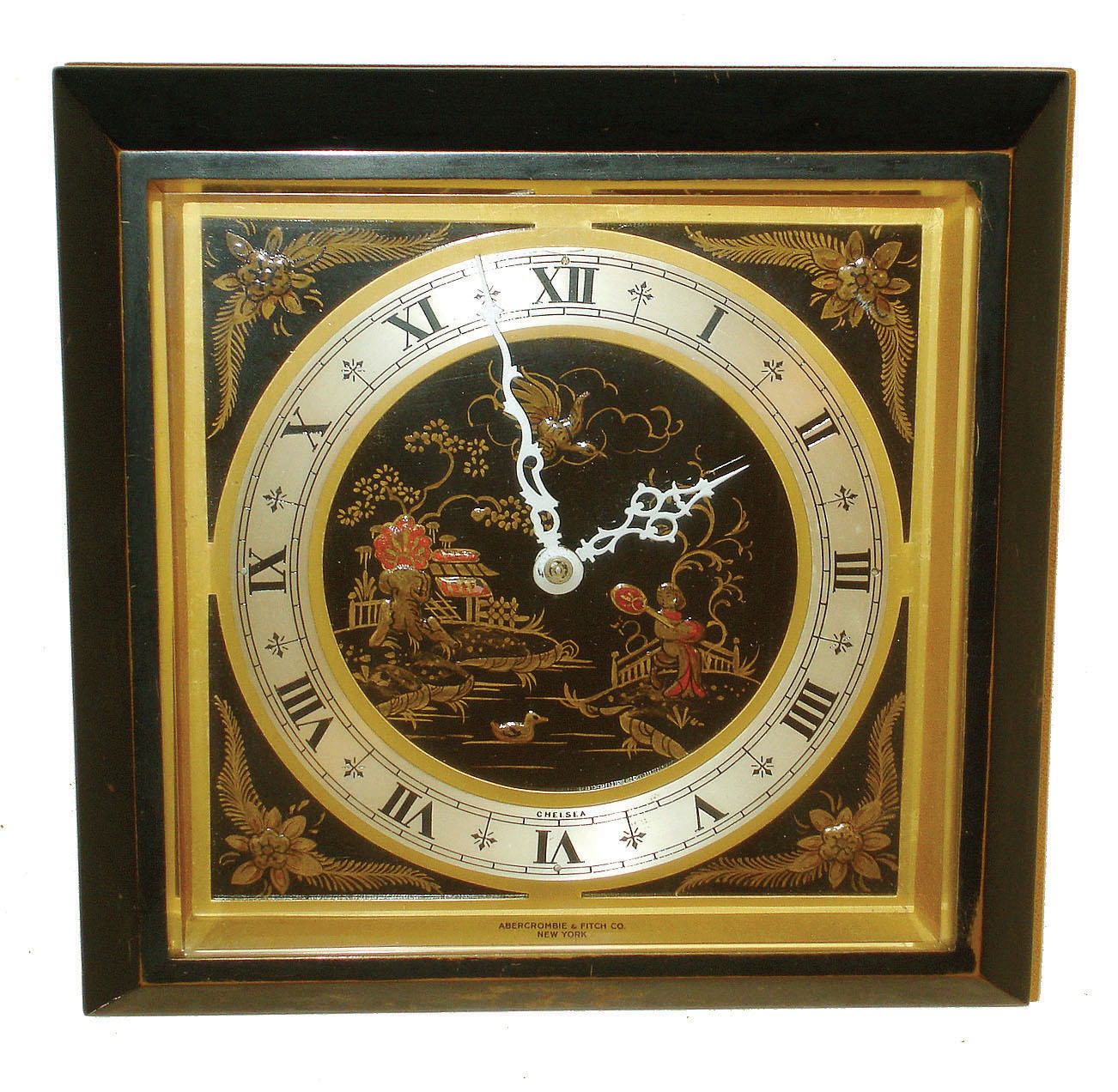 Chelsea Clock Co., Boston, for Abercrombie & Fitch, "Chinese Lacquer" model 8 11/16" square bronze case easel desk clock, #277883, 1941 — Antique Clocks Price Guide