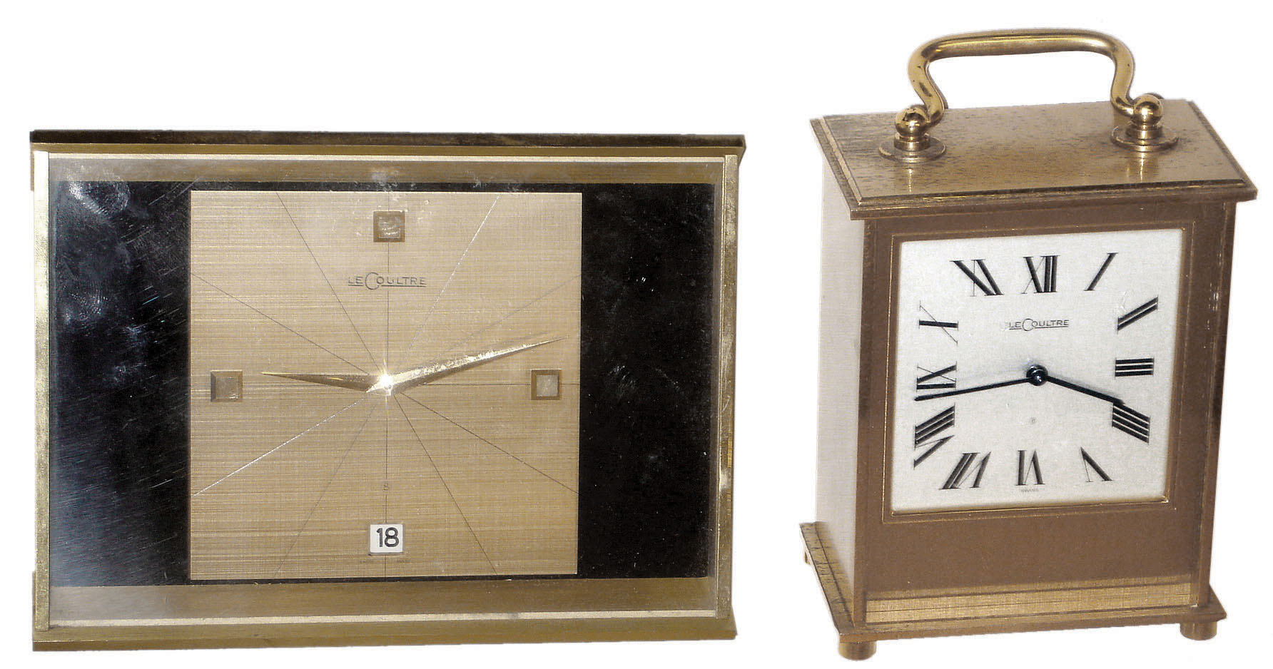 Clocks- 2 (Two) LeCoultre, Swiss-made 8 days,desk clocks in brass cases: #466 with calendar, #5510 with hour & half-hour bell strike, later 20th century. — Antique Clocks Price Guide