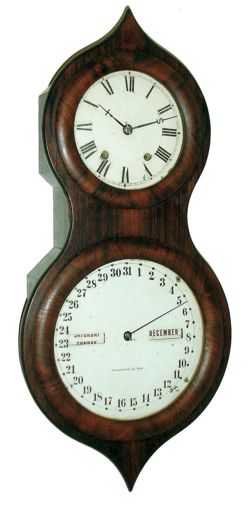 Seth Thomas Clock Co., Thomaston, Conn., "Office Calendar No. 3" model 8 day spring driven timepiece & calendar wall clock often called the "Peanut", c1875. — Antique Clocks Price Guide