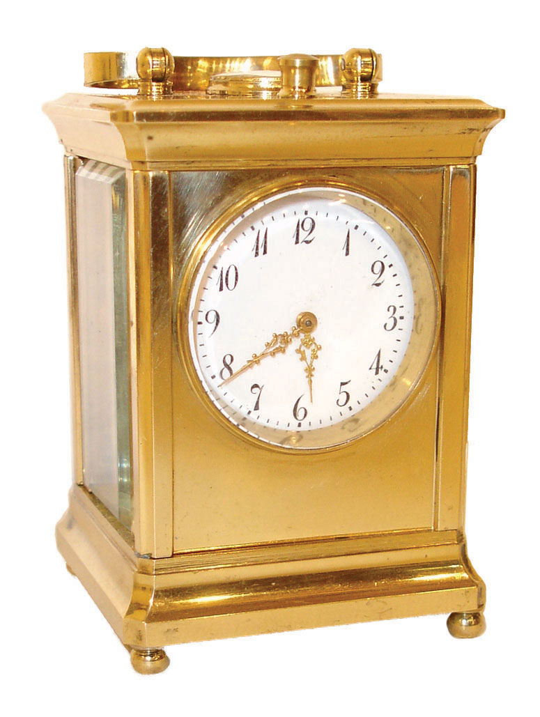 Carriage clock, 8 day striking and repeating movement with platform escapement, brass purpose made case with beveled glass, Arabic numeral white enamel dial, gilt Louis XV style hands, with associated red morocco traveling case, c1900 — Antique Clocks Price Guide