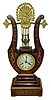 Grange & Betout a Paris, inverted lyre clock, rosewood veneered case with light wood inlays and moldings, top with gilt shell and leaf form ornament, gilt beaded bezel, Roman numeral silvered dial with engine turning, blued steel Breguet style hands, lyre form pendulum swinging above the dial and behind lyre strings, 8 days, time and strike, pendule a Paris movement signed "Grange & Betout A Paris", c1860
