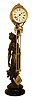 Ansonia Clock Co., New York, "Huntress" canister swinger, patinated spelter female figure holding the clock aloft in her left hand, mounted to a japanned iron base, c1880. The clock and pendulum assembly a late 20th century reproduction, containing an 8 day time only, rear wind movement, Roman numeral paper dial and blued steel hands