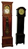 Clocks- 3 (Three): a Morbier tall clock in a cherry case; a English tall clock in a mahogany case and a Morbier dial, movement, pendulum and weights