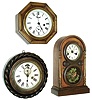 Clocks- 3 (Three) shelf: (1) Daniel Pratt, Reading, Mass., 30 hour round corner lever timepiece in a marine style case, c1870.  (2) Ansonia Clock Co., New York, "Cable" model 30 hour lever timepiece, c1904. (3) E. Ingraham & Co., Bristol, Conn "Small Venetian" 30 hours, time and strike,, c1860.