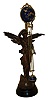 Ansonia Clock Co., New York, "Gloria" model swinging timepiece, patinated spelter female figure with wings and holding a lyre, standing on the globe and mounted to an ebonized iron base, her right arm supporting the clock with compound pendulum, spherical case with applied Arabic numerals and Louis XV style hands containing the 8 days, time only, movement, gridiron style assembly with ornamented smaller sphere at bottom, c1901.