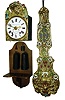 French Morbier or Comtoise 8 day weight driven time, alarm, & strike (with prayer repeat) wall clock, with wall bracket and fancy pressed-brass pendulum, c1840