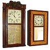 Clocks- 4 (Four) wooden movement shelf: (1) Smith Brothers, New York, 30 hours, time and strike,, wood movement bevel case, c1840. (2) George Mitchell, Bristol, Conn., 30 hours, time and strike,, "groaner" wood movement stenciled half column, c1828. (3)Riley Whiting, Winchester, Conn., 30 hours, time and strike, wood movement carved column & splat, c1832. (4) Eli Terry Jr & Co., Plymouth, Conn., 30 hours, time and strike, wood movement half column and carved splat shelf clock. Original dial and hands, c1835.