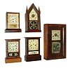 Clocks- 5 (Five) Connecticut shelf: (1)Ansonia Clock Co., Ansonia, 30 hours, time & alarm sharp gothic or steeple timepiece, c1870. (2)William L. Gilbert & Co., Winchester, 30 hour cottage timepiece, c1860. (3)Unknown, possibly a Waterbury, 30 hour cottage timepiece, c1865. (4)Ansonia Clock Co., Ansonia, 30 hours, time and strike, cottage clock, c1870. (5)E.N. Welch, Forestville, 30 hours, time and strike,, miniature OOG, c1860.
