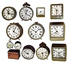 Clocks- 12 (Twelve) Ansonia Clock Co., New York alarm and novelty clocks: "Bee" time-only one day and 8 day; "Simplex" 8 day alarm; "Square Rascal" alarm; "Square Pirate" alarm; two "Improved Square Simplex" 8 day alarms; round bell-top alarm with dial "Geo. Wasa, Watchmaker & Jeweler, 641 South Street, Philadelphia"; round timepiece (missing feet); round alarm missing its back; "Startle" alarm; "Great Clatter" alarm; original Bee Alarm box, 1890-1920s.