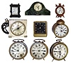Clocks- 9 (Nine) alarm & novelty clocks: quartz in "New Zealand Trade Greenstone"; two Ansonia "Simplex" alarms; cast metal disk timepiece; Ansonia armorial novelty timepiece; "National Call" alarm; Westclox plug-in electric alarm; Ansonia "Square Pirate" alarm; Ansonia round alarm; early 20th century.