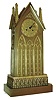 France, cathedral form mantel clock in the Gothic style, gilt bronze case with gabled facade, the 4 corners with crocket decorated pinnacles, the front and sides with ornamental lancet arches, atop a siena marble and gilt bronze base, the marble with lancet arch and foliate fence surround, Roman numeral gilt Gothic dial with blued steel Breguet style hands, 8 days, time and strike, pendule a Paris movement with silk thread suspension, c1840