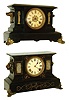 Clocks- 3 (Three) Ansonia Clock Co., New York: (1) "Venice" model with 8 day spring driven time and strike, (hour & half hour) movement, black enameled iron case, c1904. (2) "Compton" model with 8 day spring driven time and strike, (hour and half hour) movement, black enameled iron case, c1914. (3) "Amazon", 8-day, time and strike, oak shelf clock, c1894