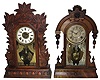Clocks- 5 (Five) Conn., shelf: Gilbert "Laurel No. 3" oak with alarm; Gilbert "Atossa" walnut with alarm; New Haven No. 550 mahogany; Boyle Bros. for Gilbert walnut; unlabeled [probably Russell & Jones, Pittsfield, Mass.] oak with fancy pendulum; late 19th century
