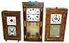 Clocks- 3 (Three): (1) Seth Thomas, Plymouth Hollow, Conn., 30 hours, time and strike, OG, c1860. (2) Seth Thomas, Thomaston, Conn., 8 days, time, strike & alarm OG, c1870. (3) No label [probably Pratt & Frost or Daniel Frost, Mass,] 30 hours, time and strike, "groaner" weight driven wood movement half column & splat, c1840.