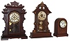 Clocks- 3 (Three): (1) Seth Thomas, "Prospect No. 2" 8 days, time and strike, round top, c1913. (2) Gilbert Clock Co., Winsted "Lapwing" 8 days, time and strike,, c1879. (3) New Haven Clock Co., "Coquette" 8 days, time and strike mantel clock, c1890.