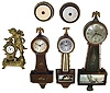 Clocks- 6 (Six) small banjo and novelty: Sessions "Wellfleet" painted 8 day banjo timepiece; Seth Thomas 8 day 4-jewel "Danvers" banjo; New Haven miniature 8 day banjo; two Lux tape measure 30 hour novelties; cast gilt metal figural novelty with newer German 30 hour insert; 20th century
