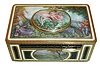 Germany, singing bird box, the box with blue and white enamel framing colorful landscape scenes, the top featuring 3 figures in antique costume, relaxing in a garden, the woman on a swing suspended from a large tree, the front with sliding button to activate the multicolored bird, 20th century
