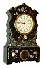 T. S. Sperry, New York, 8 days, time and strike, Morse & Co. [Thomaston, Conn.] No. 2 spring brass movement in Mother of Pearl inlaid paper mache case, c1853