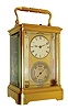 France, for the English market, unusual striking and repeating carriage clock with thermometer and barometer, gilt Cornice style case with thick beveled glasses, the top with oval beveled glass for viewing the platform, silvered dial mask with Fahrenheit thermometer and scale at left, centigrade display with scale on right, Roman numeral white enamel dial with blued steel fleur de lis hands, silvered lis barometer dial below, 8 days, time and strike, movement with lever platform, repeating the hours on demand, c1890
