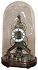 China modern reproduction skeleton clock with chain-driven fusee, oversize great wheel wood base, oval glass dome, late 20th century