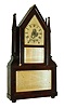 Birge & Fuller, Bristol, Conn., 8 days, time and strike, steeple on frame with candle finials, c1845.