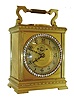 France, 8 days, time only, carriage clock with heavy, polished brass case with carrying handle, the top set with a thermometer & compass, the front with brilliant set bezel, Arabic numeral silvered dial with gilt, sunken center signed "Janetti", the exposed 3-spoke balance oscillating below 12:00, blued steel hands, c1910