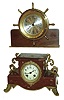 Clocks- 2 (Two): Seth Thomas 8 day brass yacht-wheel ship's bells clock on mahogany stand, 1976; French red marble 8 days, time and strike, mantel clock, c1900.