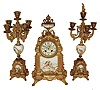 French gilt metal (spelter) and porcelain 8 days, time and strike, mantel clock garniture set with pair of candle stands c1900