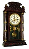 William L. Gilbert Clock Co, Winsted, Conn., for the Eureka Clock Co. [place not given on label]. 8 days, time and strike, simple calendar clock, c1881. Eureka was a retailing firm who had Gilbert manufacture their clocks.