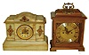 Clocks- 2 (Two) 8 days, time and strike, mantel clocks: French alabaster, c1890; Marton & Gain,, Spain, stained hardwood double-fusee bracket, c1960
