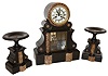 French, black slate with red mottled marble, 3-piece mantle set - 8 days, time and strike, clock with open Brocot escapement and two matching garnitures, c1900