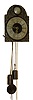 Germany, shield clock, wooden dial with velvet cover and pewter spandrels, boss, and chapter ring, pierced brass hands, wooden 30 hours, time and strike, movement, pendulum also with velvet covering and pewter ornaments, iron weights, c1860