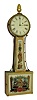 New England banjo clock, mahogany case with gilt frames, reverse painted tablets and gilt finial, Roman numeral white painted sheet iron dial, steel barbed hands, brass 8 day timepiece movement with arch cutouts at bottom of plates, movement mounted by a single screw through the case back, c1830