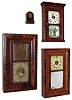 Clocks- 4 (Four): (1) E. C. Brewster, Bristol, Conn., 30 hours, time and strike, iron back plate spring movement shelf clock, c. 1835.  (2) Bradley & Hubbard small empty iron case (only), c. 1865.  (3) Seth Thomas, Plymouth Hollow, Conn., 30-hour, time and strike OG shelf clock, c. 1860.  (4) Harrris & Wilcox, Troy, NY, empty OG shelf clock case (only).
