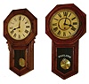 Clocks- 3 (Three): (1) Ansonia Clock Co., New York, "Regulator B", 8 days, wall timepiece, c1900. (2) Ansonia Clock Co., New York, "Regulator A", 8 days, wall timepiece, c1900. (3) New Haven Clock Co., "Regulator Calendar", 8 day wall timepiece, c1900.