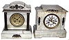 Clocks- 2 (Two) French alabaster 8 days, time and strike, mantel clocks; gold dial with Japy Freres works; white porcelain dial, visible escapement, unsigned works; late 19th century