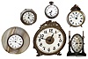 Clocks- 6 (Six) 30 hour in marble, glass and metal cases: New Haven paperweight; gaslight clock; Welch alabaster; Lux oval tilting; nickel alarm; Ansonia Novelty Co. cut glass; early 20th century