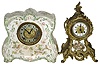 Clocks- 2 (Two) Connecticut 8 days, time and strike, mantel clocks: Gilbert "No.410" porcelain; Waterbury "Seine" cast-metal with porcelain front plate; c1898 and c1905