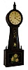 Attleboro style banjo clock, mahogany case with wooden side arms, turned mahogany bezel and finial, beveled throat and box frames, reverse painted glasses, Roman numeral white painted sheet iron dial, moon hands, brass 8 day timepiece movement, cast iron weight, c1850